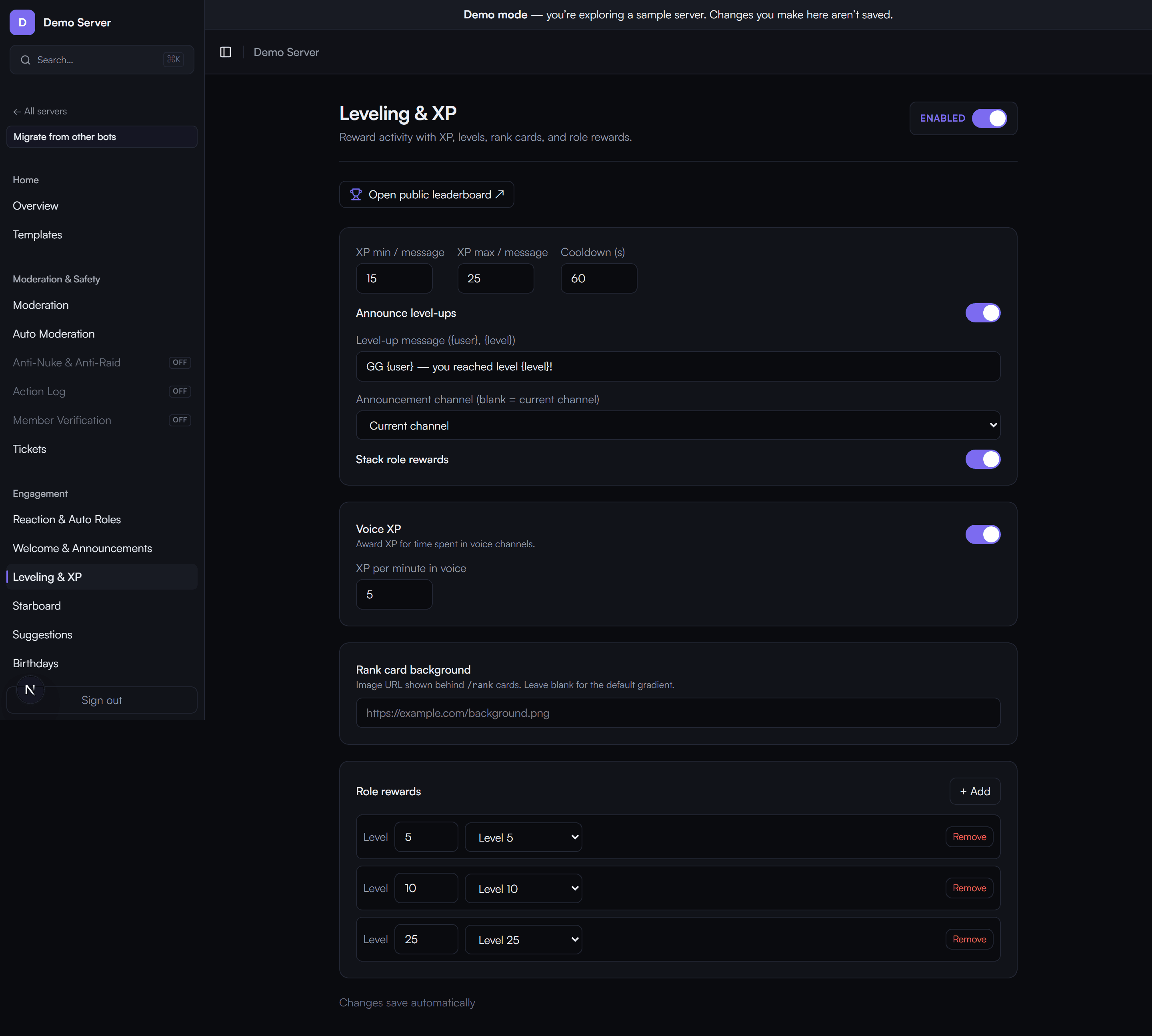 Leveling and XP configuration in the Omnekai dashboard — rank cards, level-up messages and role rewards