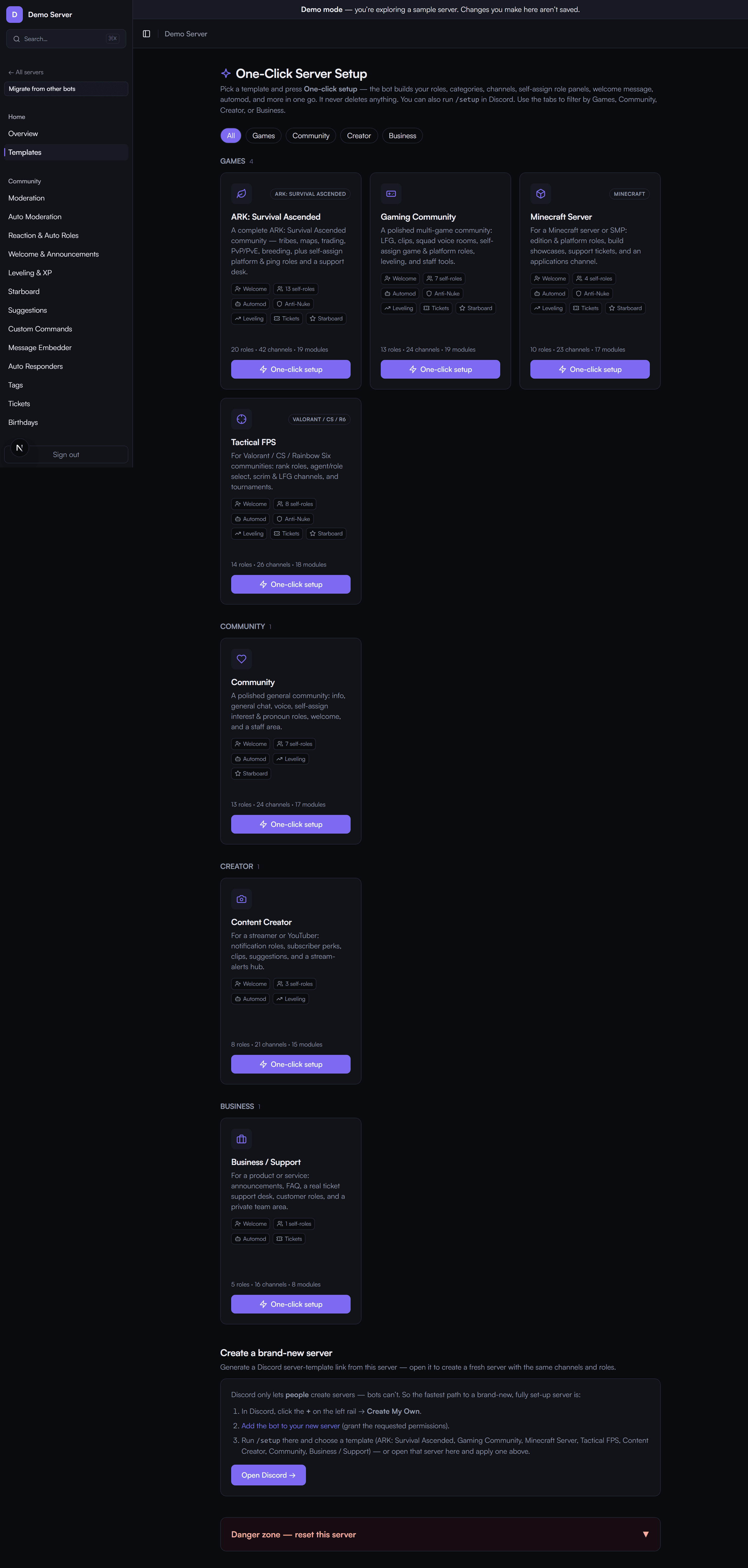 One-click server setup in the Omnekai dashboard — pick a template and it builds the roles, channels and features